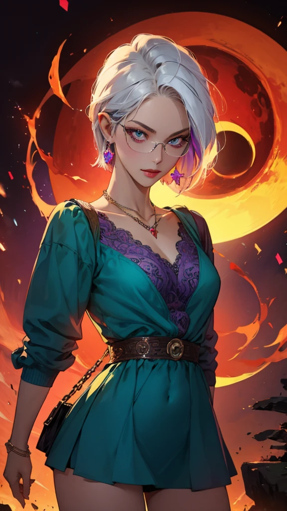 8k, masterpiece, best quality, highly detailed, 1 girl, tiefling, warlock, pixie cut, multicolored hair, very short straight hair red highlight hair on white hair, strippled hair, wearing glasses, round glasses, earrings, navel piercing, red eyeshadow, long eyelashes, blushed cheek, red lips, pearl necklace, rings, collarbone, mole on face, glamorous, teal and purple clothes, miniskirt, smirk, close up view, rings, looking at viewer, demon horns, solo, blood red moon, standing, royal dress, chains