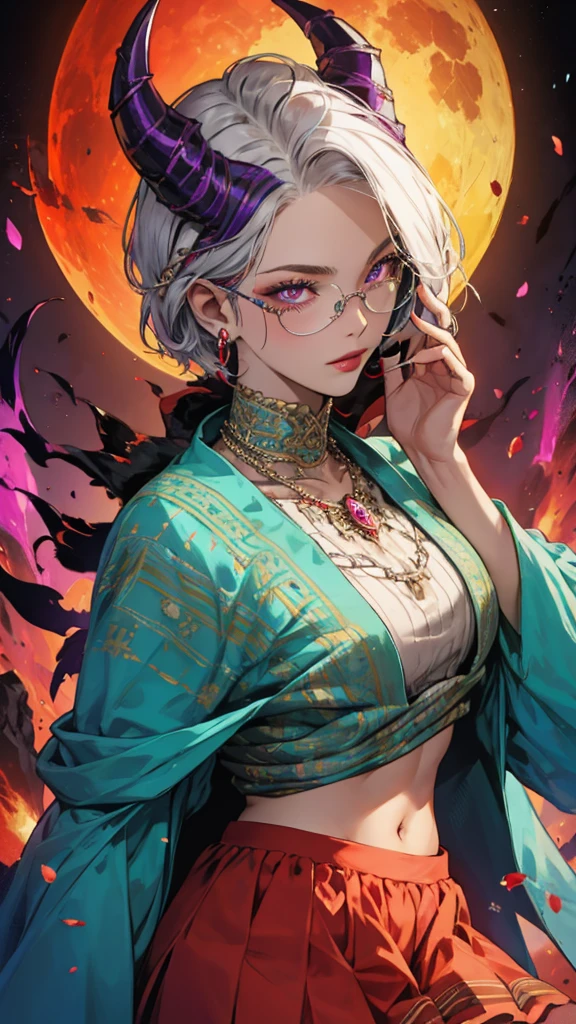 8k, masterpiece, best quality, highly detailed, 1 girl, tiefling, warlock, pixie cut, multicolored hair, very short straight hair red highlight hair on white hair, strippled hair, wearing glasses, round glasses, earrings, navel piercing, red eyeshadow, long eyelashes, blushed cheek, red lips, pearl necklace, rings, collarbone, mole on face, glamorous, teal and purple clothes, miniskirt, smirk, close up view, rings, looking at viewer, demon horns, solo, blood red moon, standing, royal dress, chains