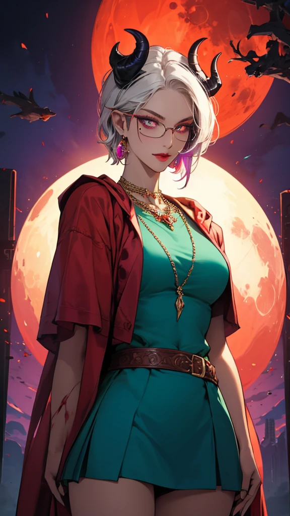 8k, masterpiece, best quality, highly detailed, 1 girl, tiefling, warlock, pixie cut, multicolored hair, very short straight hair red highlight hair on white hair, strippled hair, wearing glasses, round glasses, earrings, navel piercing, red eyeshadow, long eyelashes, blushed cheek, red lips, pearl necklace, rings, collarbone, mole on face, glamorous, teal and purple clothes, miniskirt, smirk, close up view, rings, looking at viewer, demon horns, solo, blood red moon, standing, royal dress, chains