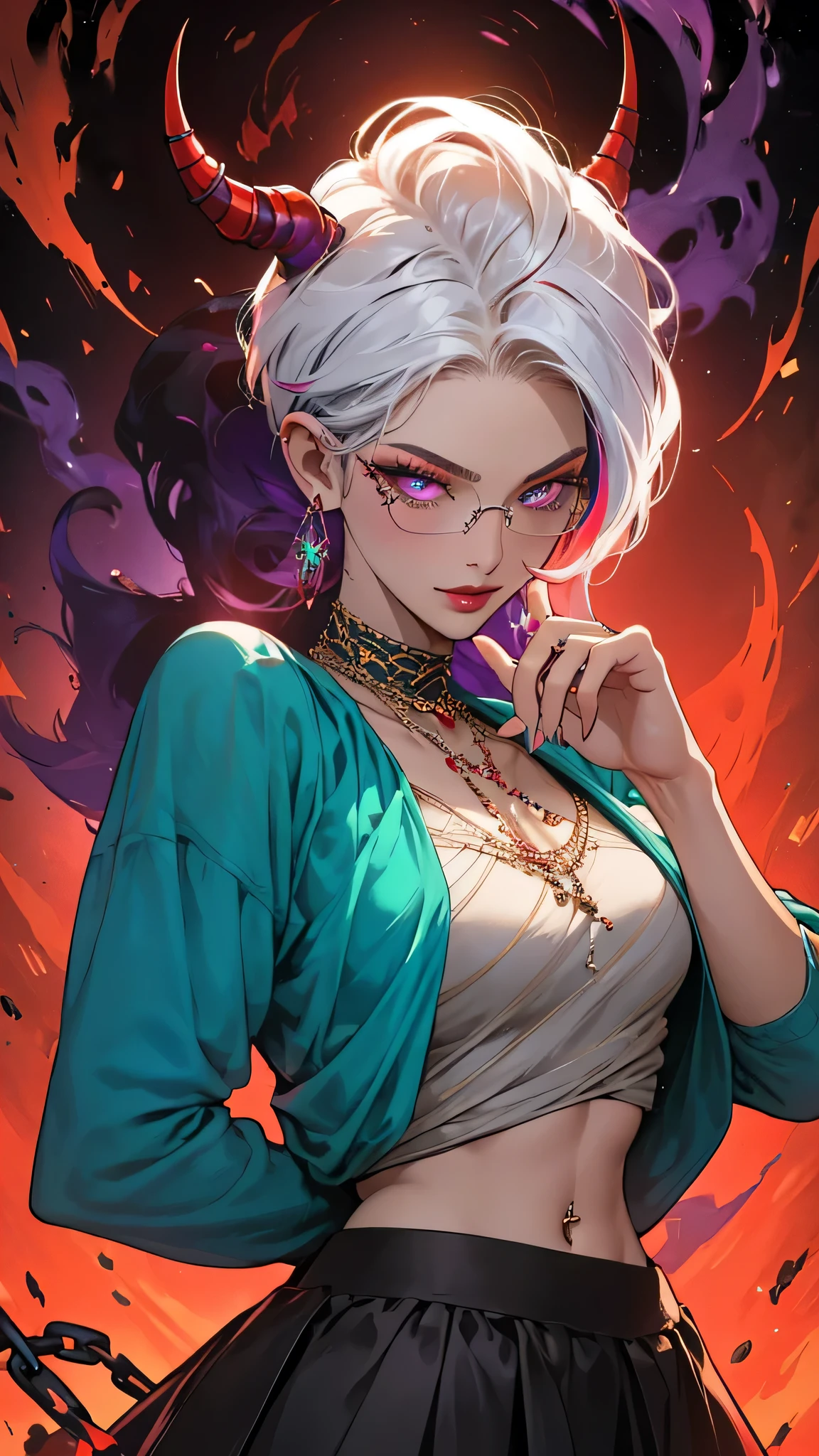 8k, masterpiece, best quality, highly detailed, 1 girl, tiefling, warlock, pixie cut, multicolored hair, very short straight hair red highlight hair on white hair, strippled hair, wearing glasses, round glasses, earrings, navel piercing, red eyeshadow, long eyelashes, blushed cheek, red lips, pearl necklace, rings, collarbone, mole on face, glamorous, teal and purple clothes, miniskirt, smirk, close up view, rings, looking at viewer, demon horns, solo, blood red moon, standing, royal dress, chains