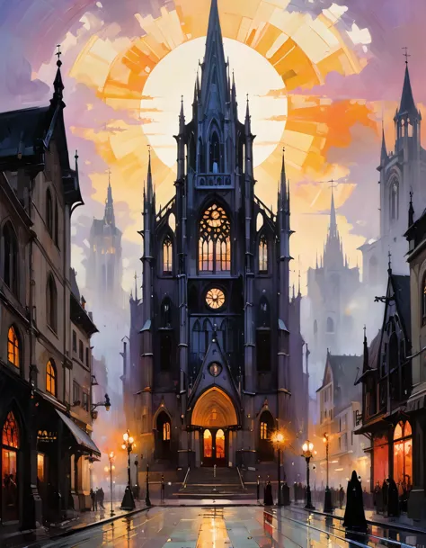 impressionist painting of a gothic church in the middle of a gothic art deco city. sunrise.