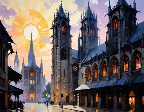 impressionist painting of a gothic church in the middle of a gothic art deco city, stone gargoyles. sunrise.