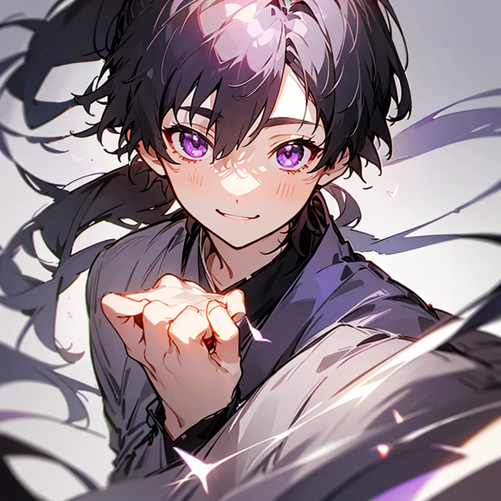 High-resolution model, Highest quality, Black Hair、ponytail, Robe、juvenile、Japanese clothing、Japanese pattern purple eyes, Center Parting、Sparkling eyes, boy、solo, smile, 