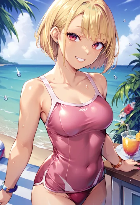 score_9, score_8_up, score_7_up, rating_safe, rating:general, 1girl, solo, blonde hair, bob cut, bangs, smile, seaside, pink one...