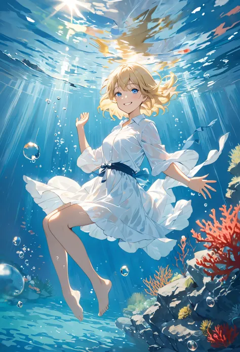 blond woman in white shirt in the water with hand out, in the water視点, in the waterの女性の肖像画, in the water写真, in the water撮影, incr...