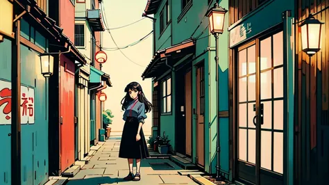 a girl standing in a narrow tokyo alleyway, lit by lanterns, with a slight breeze blowing through her hair, lyco art, a manga dr...