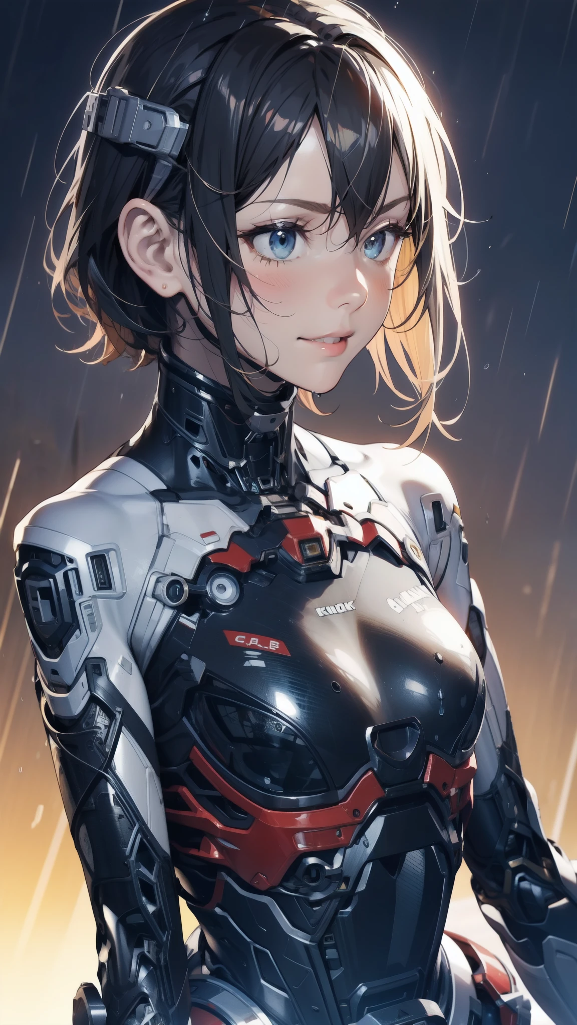 scenery、rain、1 girl、solo、Moderate bust、Upper Body、Face close-up、smile、ruanyi0152、(Yellow background)、ruanyi0238、Blue glowing parts、cable、Machinery Parts、Long black hair、short hair、whole body、Highest quality、masterpiece、High resolution、Dynamic pose、Model standing、Official Art、Highly detailed CG Unity 8k wallpaper、Carrying a large flying unit。