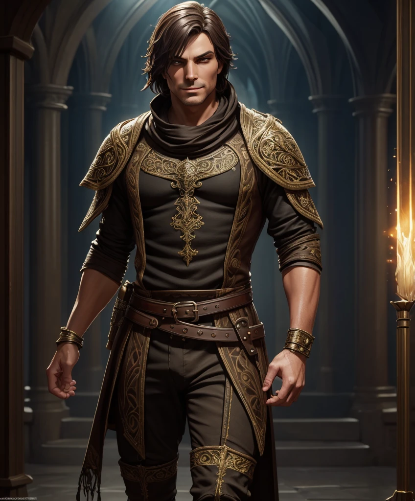 (centered, upper body, smirk,  looking at viewer:1.1), (wide shot:1.4), (((SFW image.))) (((Lusty smirk.))) Male rogue for fantasy setting.  Dressed in medieval fantasy attire.  Looks like a con man for a dark fantasy setting.  Rakish.  Thug.  Sexy male. , intricate details, ultra detailed,  ultra detailed clothes,, epic masterpiece, ultra detailed, intricate details,  award winning, fantasy art concept masterpiece, trending on Artstation, digital art, unreal engine, 8k, ultra HD, centered image masterpiece:1.2, photorealistic:1.2, volumetric lighting, glossy skin, shiny skin, , , intricate details, ultra detailed, extremely detailed hands, ultra detailed clothes,, epic masterpiece, ultra detailed, intricate details, award winning, fantasy art concept masterpiece, trending on Artstation, digital art, unreal engine, 8k, ultra HD, centered image