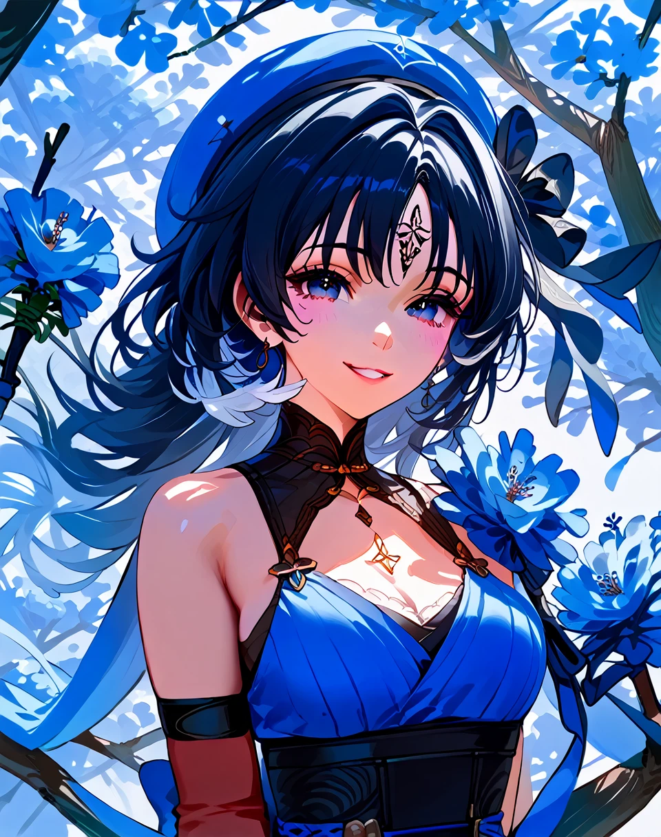 score_9, score_8_up, score_7_up, rating_safe,source_anime, y4ngy4ng, official_costume, bouquet, branch, spring \(season\), looking at viewer, hands on back, detailed background, seductive smile, trees