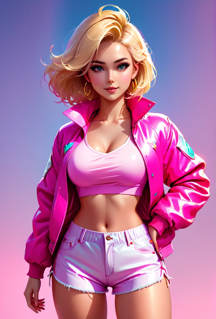 blonde woman in pink jacket and shorts posing for a photo, Wojtek FUS, ross tran 8k, ross tran style, alexandra fomina artstation, trends on cgstation, 8k 3D rendering character art, in the style of ross tran, CG Society masterpiece, DeviantArt Artstation CGScosiety, 🌺 CG Society, trends on artstation hq