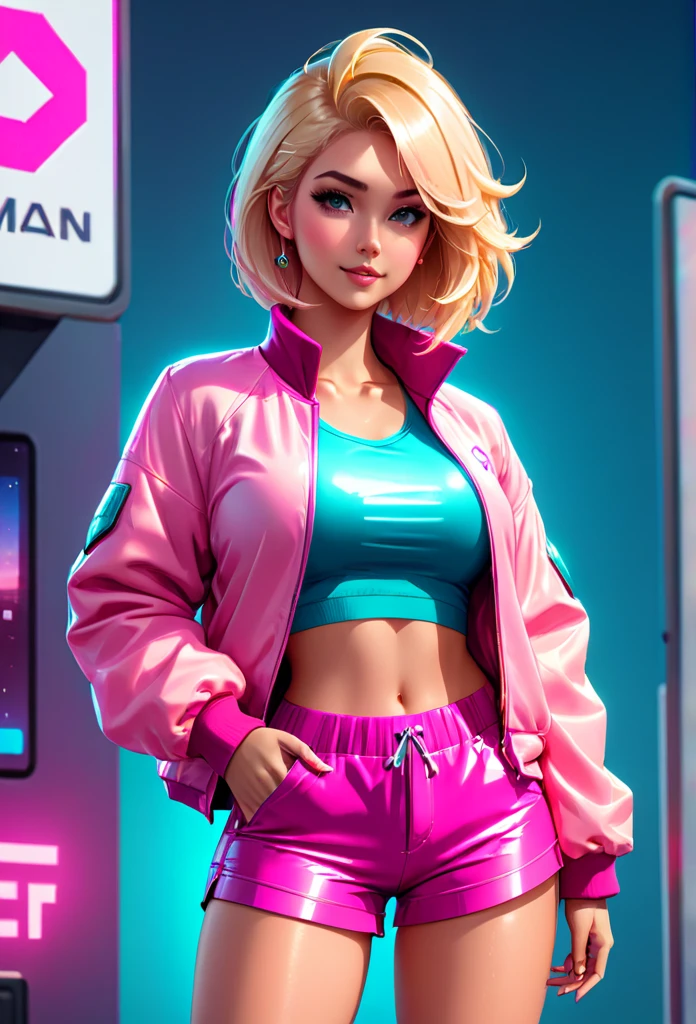 blonde woman in pink jacket and shorts posing for a photo, Wojtek FUS, ross tran 8k, ross tran style, alexandra fomina artstation, trends on cgstation, 8k 3D rendering character art, in the style of ross tran, CG Society masterpiece, DeviantArt Artstation CGScosiety, 🌺 CG Society, trends on artstation hq