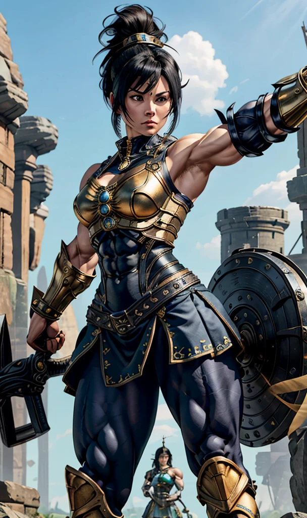 Highest quality、４K８K、One female、Full body image、A woman with a massive muscular physique、40-year-old woman、Medieval metal armor、mini skirt、bulging muscles、Protruding veins、Strong muscular thighs、Model standing、The Queen's Appearance、Superhuman strength、Black Hair、ponytail、Hair Ornament Style Helmet