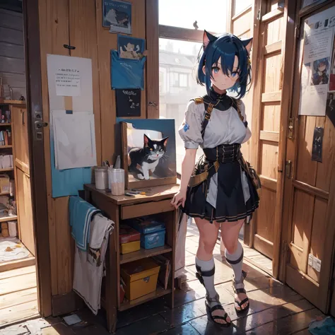 masterpiece, best quality, good quality, highly detailed, shadowverse style, female, cat ear, blue hair, modern aesthetic, armor...