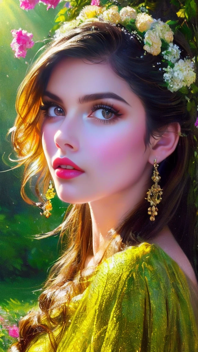 A girl in a garden,half:illustration,beautiful detailed eyes,beautiful detailed lips,Extremely detailed eyes and face,long eyeslashes,High Resolutions,ultra detailed,fotorrealist,vivid colors,bokeh,Portraits,warm tones,soft lighting, (The best quality,4k,8k,High Resolutions,masterpiece:1.2),ultra detailed,(realist,fotorrealist,fotorrealist:1.37),classical,Amazing,beautiful detailed eyes,beautiful detailed lips,Extremely detailed eyes and face,long eyeslashes,oil painting style,Canvas texture,old fashioned dress,Golden lighting,Garden landscape,colorful flowers,romantic atmosphere,vintage colors,soft sunlight,serene expression,elegant pose INFO