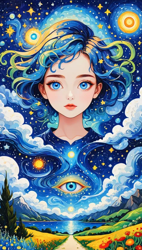 picture in the picture：psychedelic art。plant、marine life、(((charming eyes，the third eye)))、cloud、starry sky，galaxy、planet、stitch...