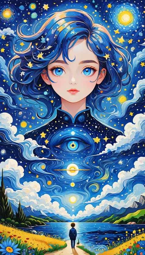 picture in the picture：psychedelic art。plant、marine life、(((charming eyes，the third eye)))、cloud、starry sky，galaxy、planet、stitch...