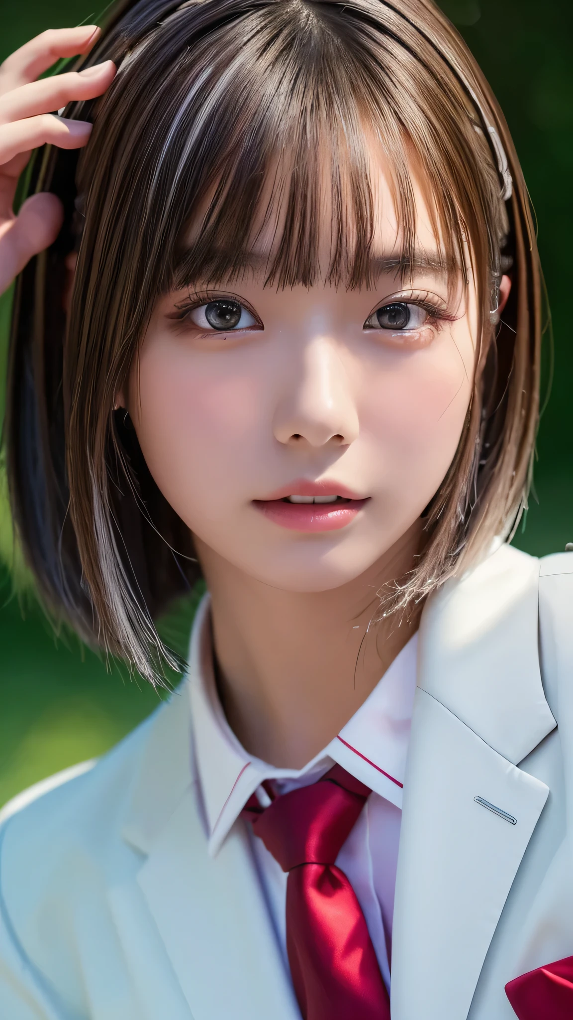 ((masterpiece, Highest quality, High resolution)), 1 Japanese girl, (Realistic: 1.4), excited、Great face,Glossy lips、15 years old, Silver Hair、Silver Hair、short hair, Silver Hair、(Beautiful Hair:1.5), high school girl、(White blazer、White jacket)、(Red tie)、Lie down on the bed、Landscape orientation、Staring、Smooth, Highly detailed CG composite 8K wallpaper, High resolution RAW color photos, Professional photography, Light, BackLight, dream-like, impressive, Written boundary depth, (Face close-up:1.5)
