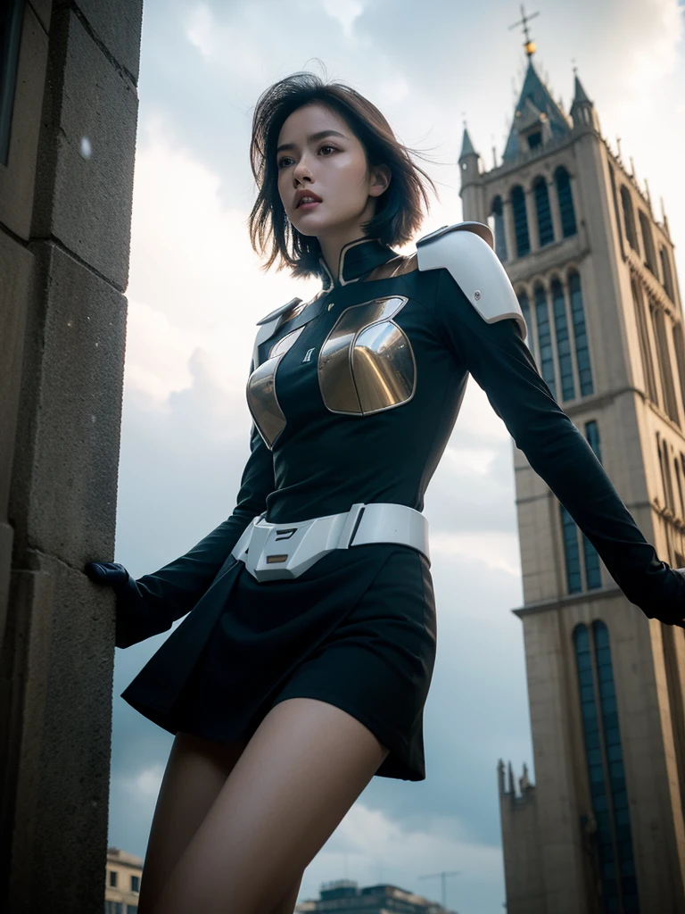 photorealistic, detailed face, detailed eyes, detailed lips, beautiful woman, hourglass figure, natural lighting, high quality, hyperrealistic, 8k, cinematic, dramatic lighting, chiaroscuro, neoclassical, oil painting,abadon city, battle,gundam mobil suit skirt, cybrog,jump out of tower, 