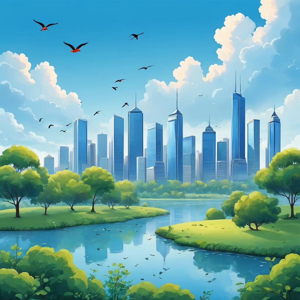 Cartoon of a landscape view of a bluish sky with clouds and birds and skyscrapers