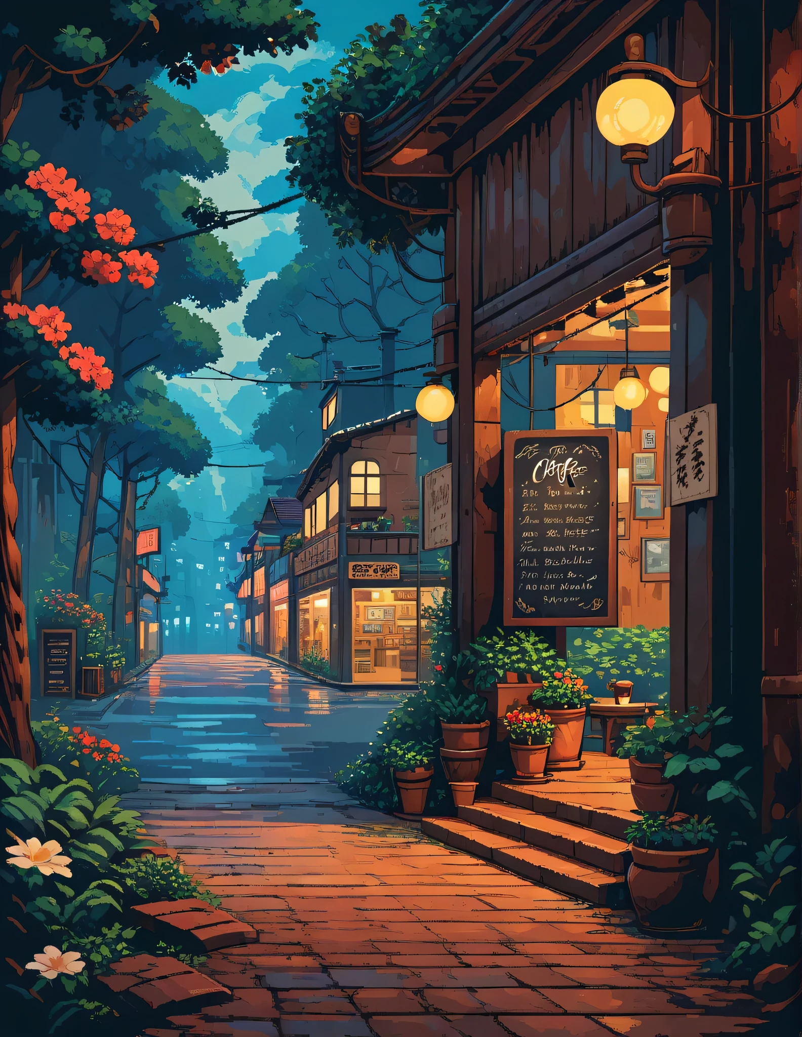 super wide perspective, string lights, hanging pots, ghibli anime scene, coffee shop in the woods, moody weather, leaves falling from tree, light bubble around street light, under a big banyan tree, street light, poles and wires, tropical leafy plant pots, menu board, sign board, long grass with wild flowers, in the middle of nowhere, vibrant color tones, ghibli style, no humans, scenery, masterpiece, high resolution 