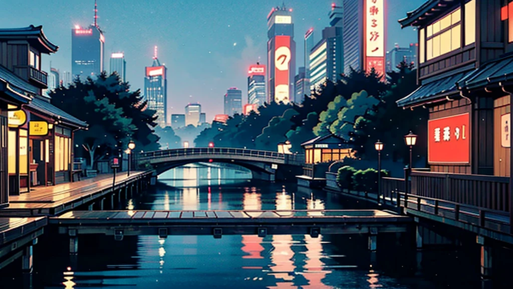 "A serene and atmospheric scene of Tokyo at night, featuring a panoramic view of the city skyline with glowing skyscrapers, illuminated billboards, and neon signs. The sky is a deep indigo, with scattered stars and a soft glow from the city lights below. In the foreground, there are subtle reflections on the surface of a calm river, with small boats gently floating by. The scene is framed by traditional Japanese architecture, like a wooden bridge and sakura trees, gently swaying in the night breeze. The overall atmosphere is calm and relaxing, ideal for a lo-fi music channel background."