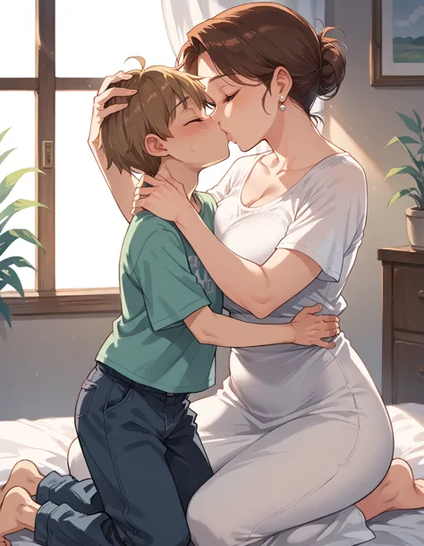 score_9, score_8_up, score_7_up, source_anime, 1boy, 1girl, mature female nude, mother and son, kid, hug, kiss, hand on head, kn...