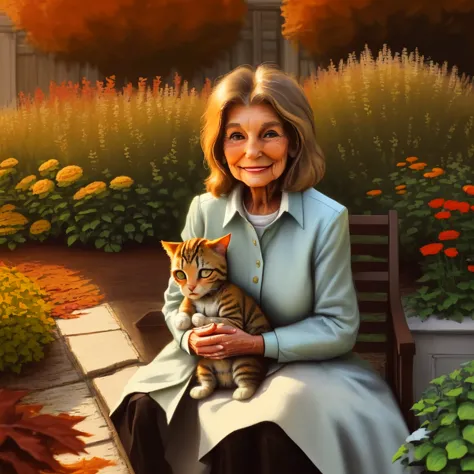 "as autumn deepened, the bond between the grandmother and the brown tabby grew even stronger. in the image, the grandmother, wit...