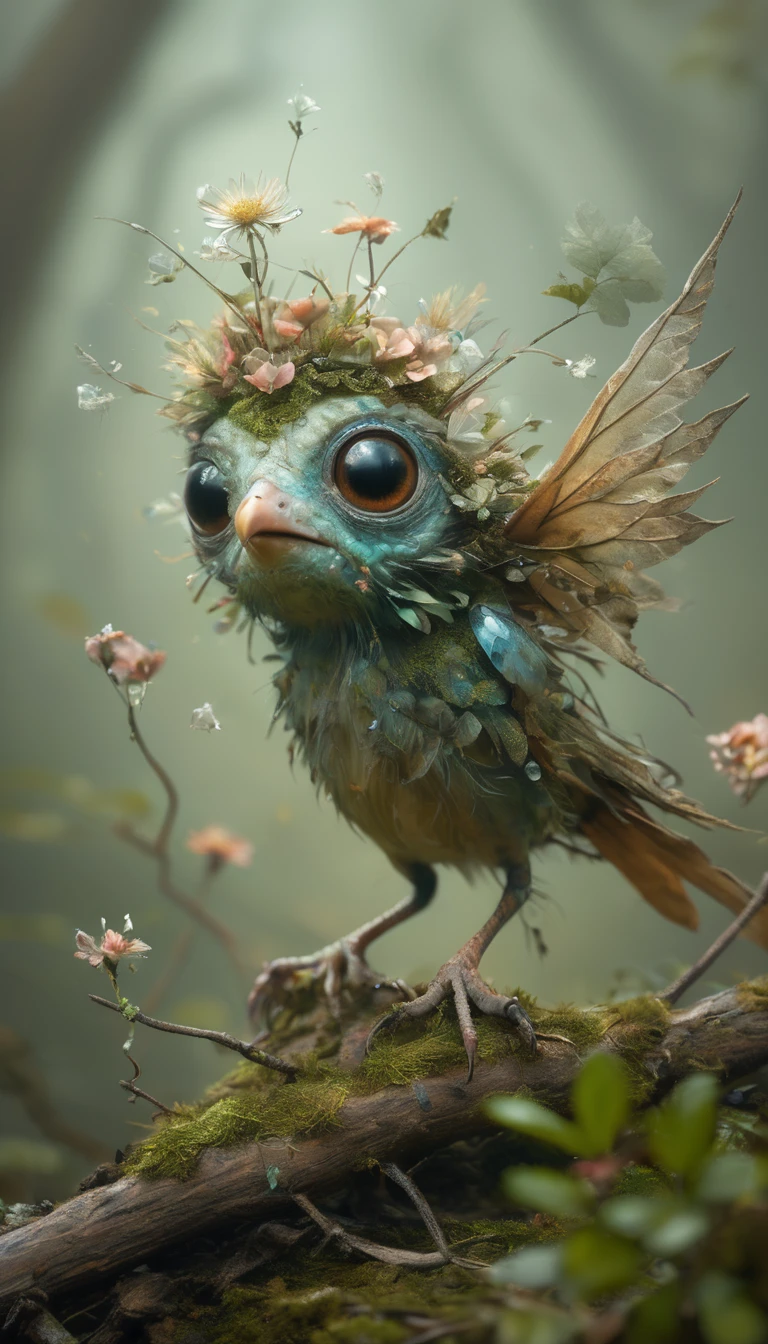 Forest creatures looking for a mate, twigs, flowers, gems, crystals, lights, hope, super high resolution, glossy, realistic, 3D, colorful bird fairy photos taken with National Geographic's Biome camera, happily dancing