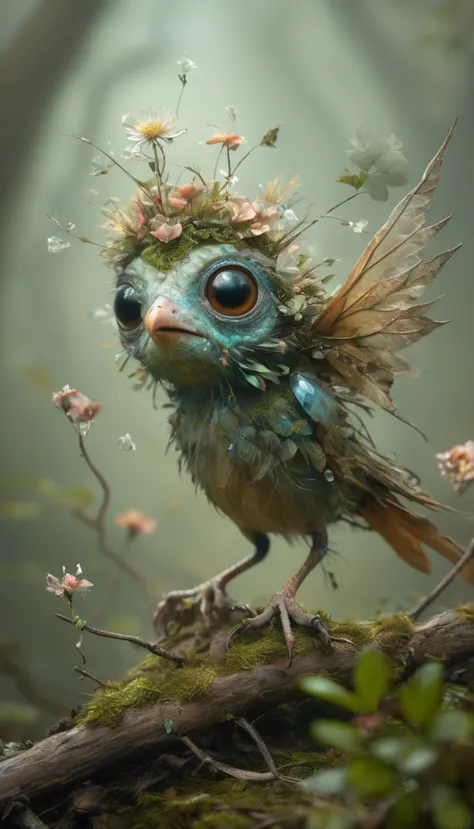 forest creatures looking for a mate, twigs, flowers, gems, crystals, lights, hope, super high resolution, glossy, realistic, 3d,...