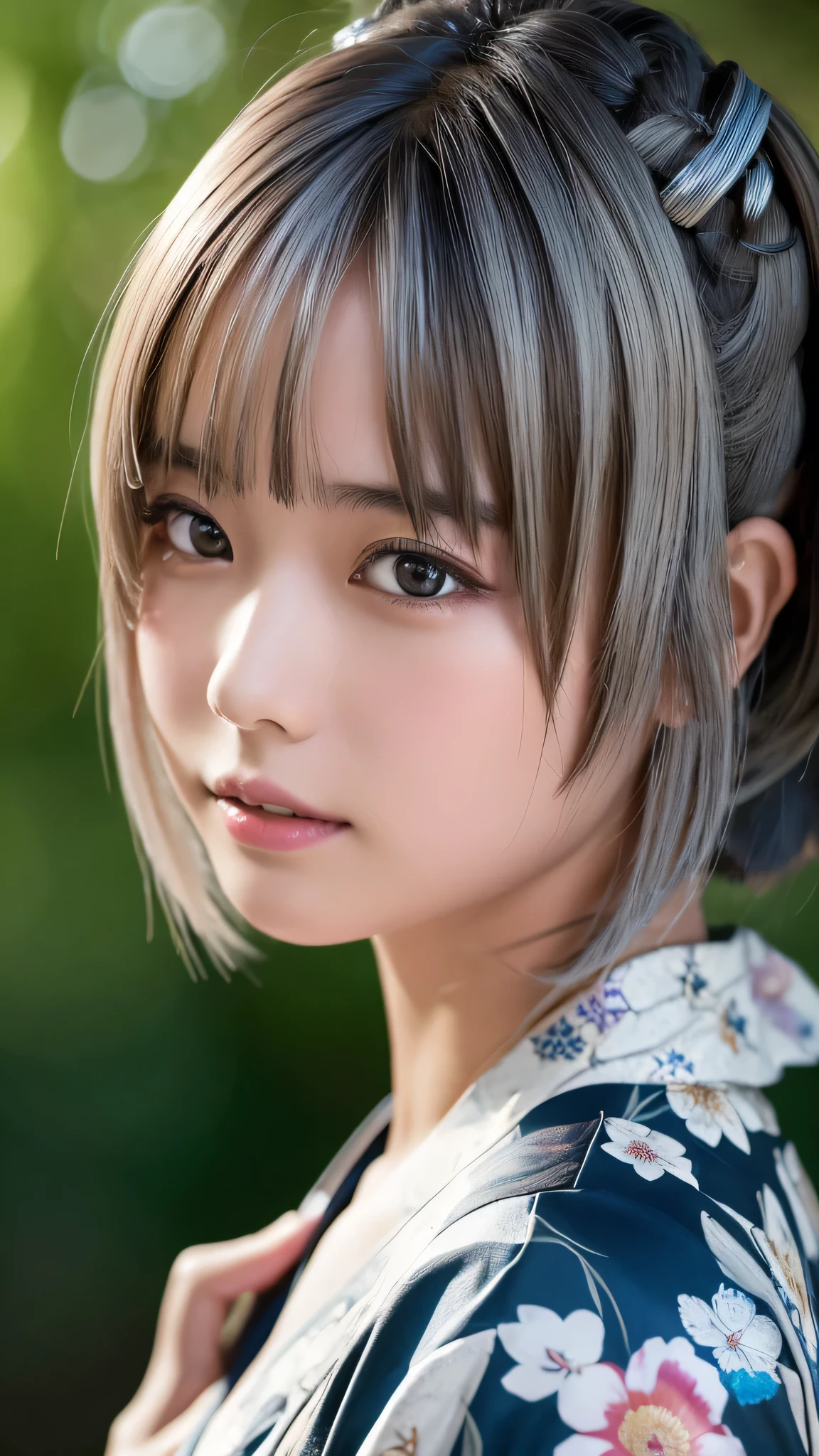 ((masterpiece, Highest quality, High resolution)), 1 Japanese girl, (Realistic: 1.4), excited、Great face,Glossy lips、15 years old, Silver Hair、Silver Hair、short hair, Silver Hair、(Beautiful Hair:1.5), Japanese patterned yukata、Floral scrunchies、Japanese garden、Staring、Angle from the front, Smooth, Highly detailed CG composite 8K wallpaper, High resolution RAW color photos, Professional photography, Light, BackLight, dream-like, impressive, Written boundary depth, (Face close-up:1.4)