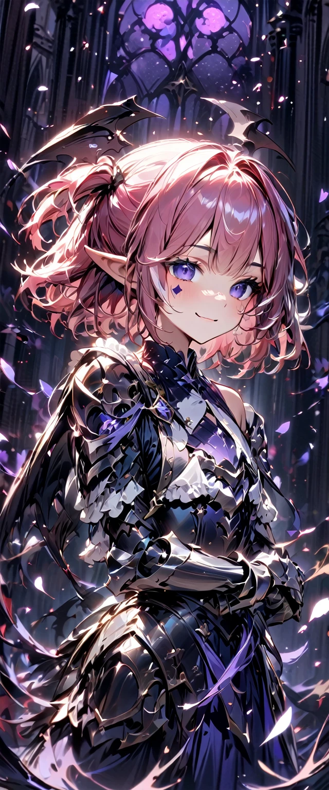 UHD, masterpiece, best quality, extremely detailed, anatomically correct, sharp focus, Midnight, purple moon, Church , altar isle, falling petals, ((full body portrait)), 1girl, solo, camilavtuber, ((pink hair)), short hair, shoulder length hair, (black head wings:1.5), ((twin ponytail)), purple eyes, (facial mark), smiling,small chest, (single back wing:1.3), knight's armor, metal breastplate, slim arms, armored gauntlet, slim legs, metal greaves, armored boots, full body shot, close up, innocent pose, Eye-Level Shot, front view, innocent pose, scattered petals