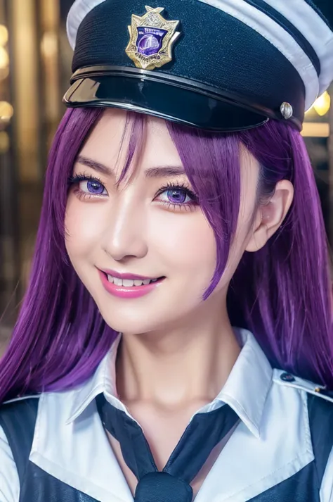 (high quality, high resolution, fine details), alley, police clothing, police hats, solo, curvy adult women, purple hair, sparkl...