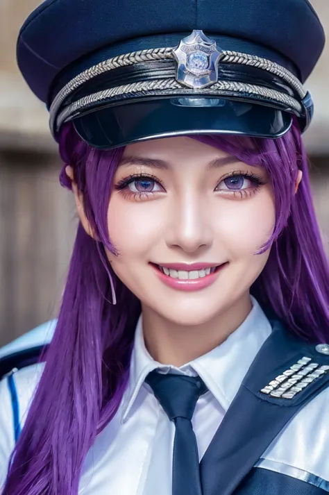 (high quality, high resolution, fine details), alley, police clothing, police hats, solo, curvy adult women, purple hair, sparkl...