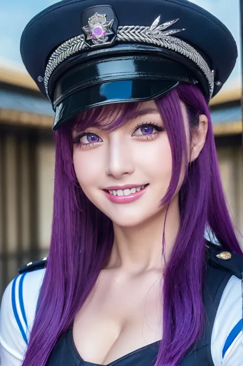 (high quality, high resolution, fine details), alley, police clothing, police hats, solo, curvy adult women, purple hair, sparkl...