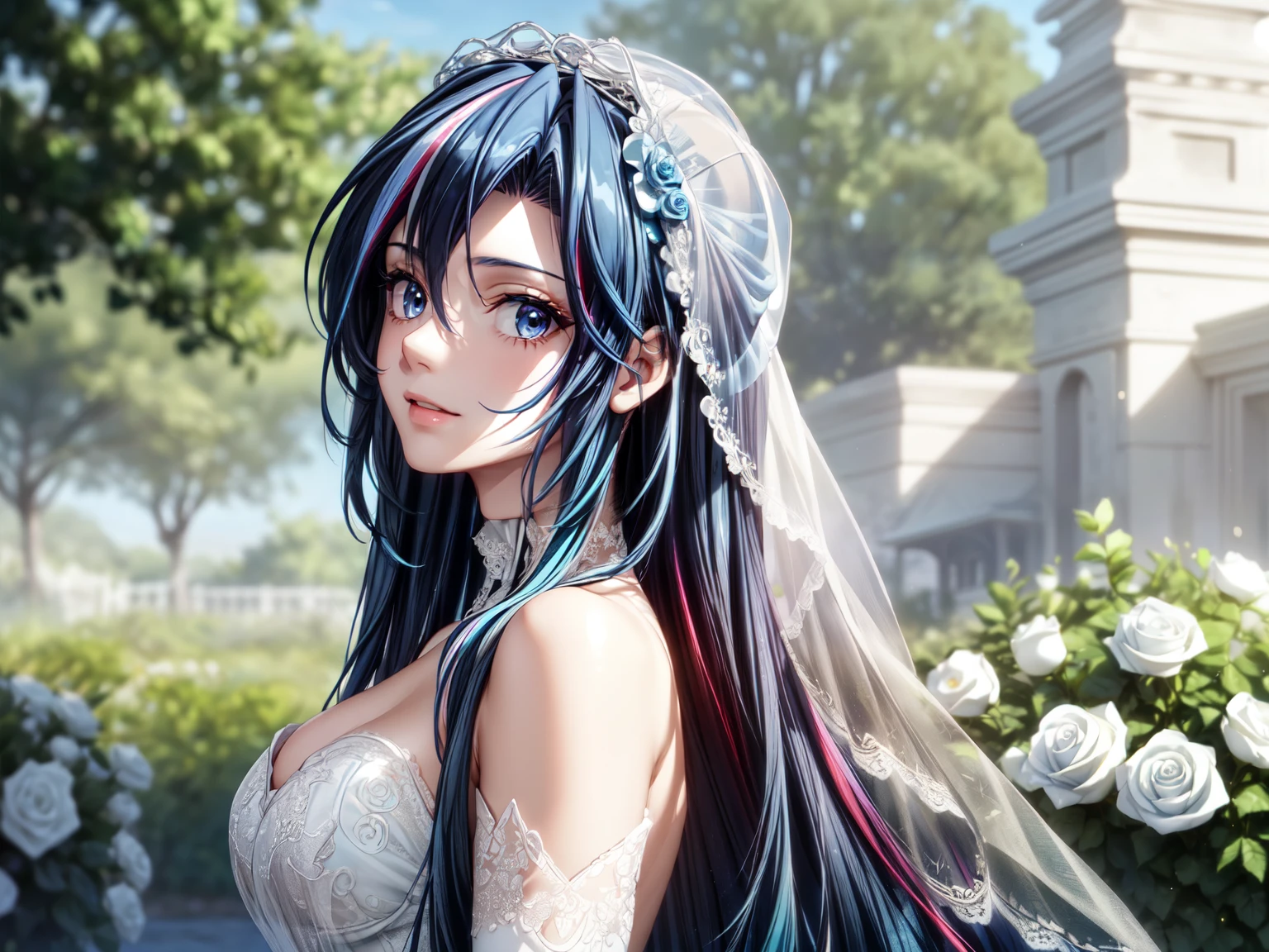 (masterpiece, best quality, beautiful and aesthetic:1.3), look back, side view, 1woman, ((very mature woman)),(30 years old, thirties), solo, light smile,  (blue hair streaked black:1.4), (Gradient blue hair ends:1.6), hair strand, absurdly long hair, single sidelock, wavy hair, shiny hair, floating hair, (deep blue eyes), delicate eyes, aqua eyes, super high detailed eyes, long upper eyelashes, makeup, Focus on face, Very detailed facial, Pretty Face, Perfect breasts, hot body, (Delicate skin texture:1.2), bridal veil, (Red lace-trimmed dress), see-through, (Red wedding dress), outdoors, white roses, garden, morning, standing, extreme detailed, light smile