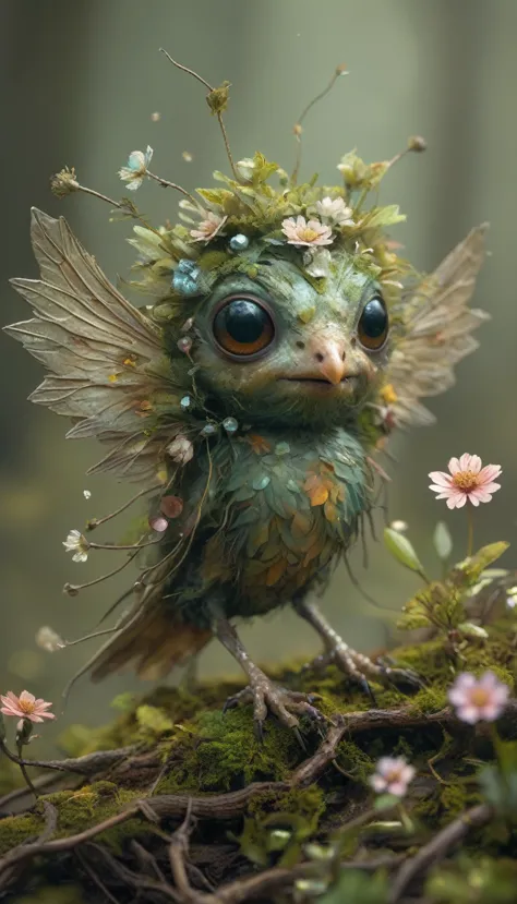 forest creature looking for a mate, twigs, flowers, gems, crystals, lights, hope, super high resolution, glossy, realistic, 3d, ...