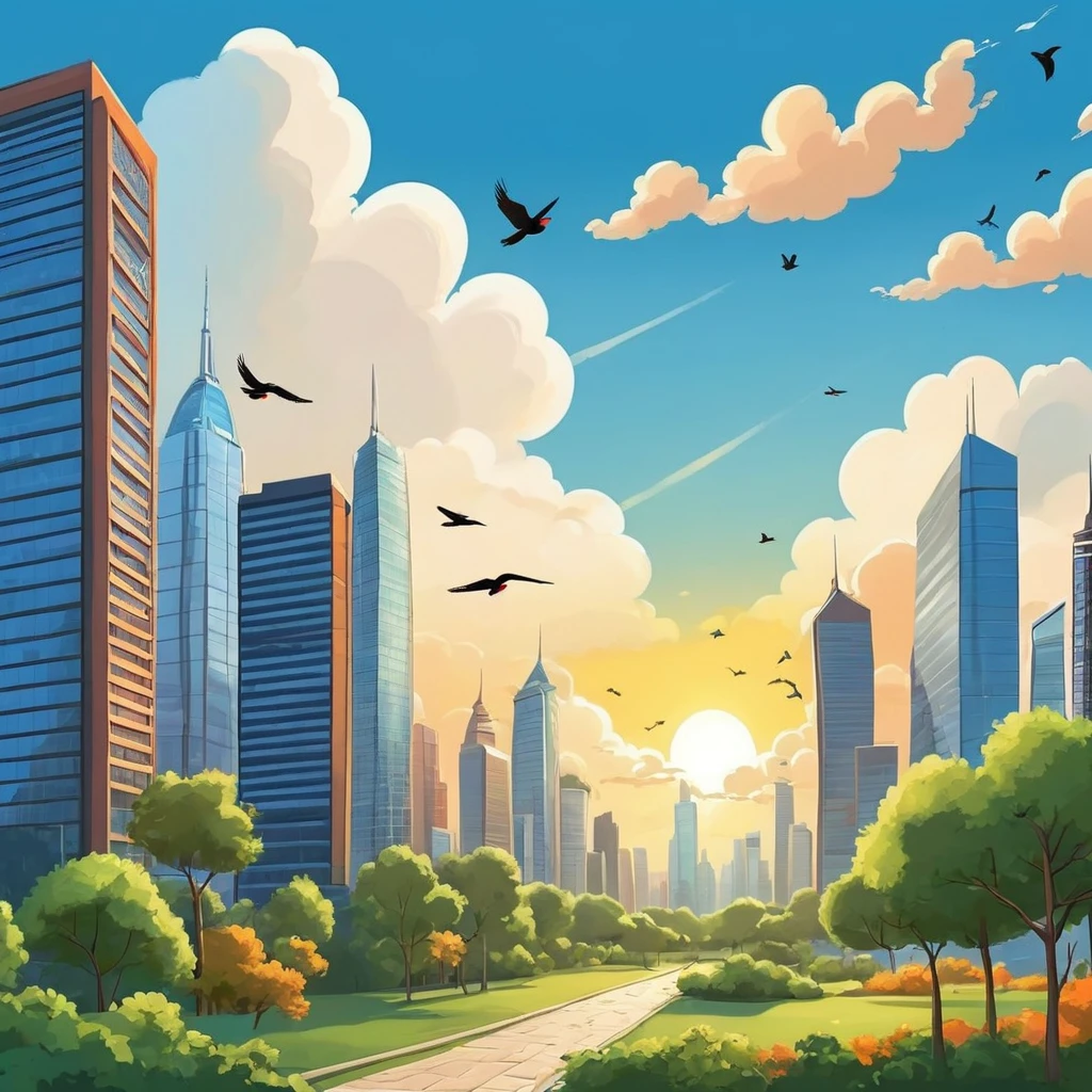 Cartoon of a landscape view of a sunny sky with clouds and birds and skyscrapers