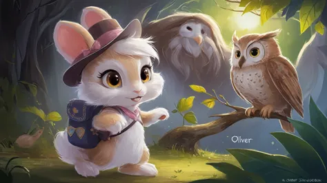 there is a rabbit and an owl standing in the woods, adorable digital painting, story book illustration, cute detailed digital ar...