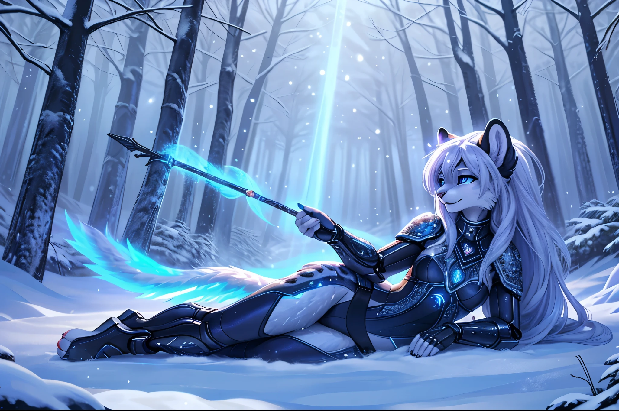 A meticulously detailed, high-definition digital painting of an anthropomorphic snow leopard character standing confidently in an enchanted winter forest. The snow leopard has luxurious, long, flowing silver fur with subtle streaks of icy blue, giving her a mystical appearance. Her expressive, almond-shaped eyes are a deep sapphire blue, glowing softly against the cold, dark backdrop. The character’s face features a delicate blend of feline grace and human-like intelligence, with small, pointed ears tufted with fur and a slightly upturned, heart-shaped nose.

She is dressed in an intricately designed, futuristic armor that combines elements of both organic and cybernetic aesthetics. The armor is sleek and form-fitting, made from a material that appears to be a blend of metal and crystal, with glowing runes etched along the surface. These runes pulse gently with a soft light, matching the color of her eyes, giving her an aura of ancient power mixed with advanced technology.

Her long, flowing hair cascades down her back, moving with a life of its own as if touched by an ethereal wind. The hair has a silver sheen, with highlights that catch the ambient light, creating a shimmering effect. She holds a staff in one hand, crafted from a dark metal entwined with glowing crystal veins, and the other hand is outstretched, gently manipulating the surrounding snowfall with a faint glow emanating from her fingertips.

The background is a dimly lit, enchanted forest with towering, snow-covered trees and a path illuminated by faint, bioluminescent plants. The atmosphere is serene yet filled with a sense of hidden power, with mist rising from the ground and snowflakes drifting slowly down, adding a touch of magic to the scene.

Rendered in an ultra-realistic, yet stylized manner, the character's fur, armor, and surroundings are depicted with extreme attention to detail. She is lying on the snow covered ground in a sexy relaxed pose showing off her curves and slim sexy body.