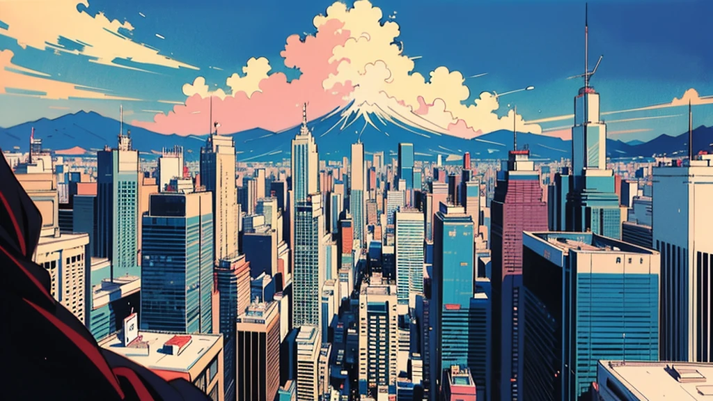 Background only, No people, Blue sky overlooking the Tokyo cityscape, Retro, lyco art, a manga drawing, by Satoshi Kon, lofi hip hop, wlop : :, ukiyo, ukiyo-style, yukito kishiro.