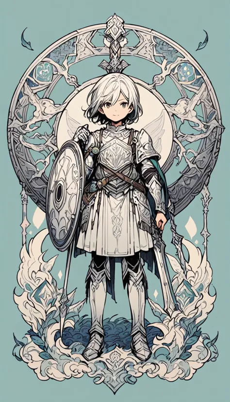 full body, a young adventurer, femboy, medium hair, light armor, one-handed sword, round shield, highly detailed, intricate,fant...