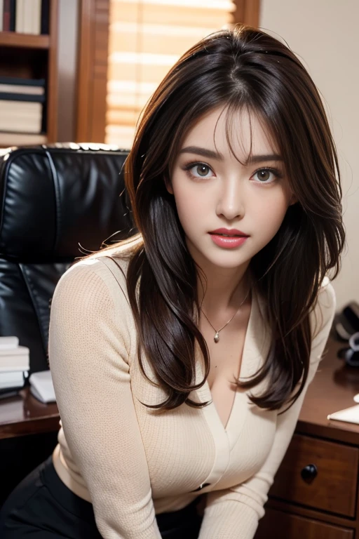 ((Ultimate Beauty))、Mature、Beautiful facial featureig eyes:1.3), Detailed lips, inely detailed beautiful eyes, Double eyelids, long eyeslashes、(Choppy), (Curve), Parted lips, Beautiful teeth alignment, red blush, a captivating gaze、Seductive smile, short brunette bob, masutepiece，（Highest Quality，Hyper-detailing，Fine and detailed eyes and detailed face） allure：brunette color hair，Natural makeup，long hair, sexy secretary outfit,mini skirt,office