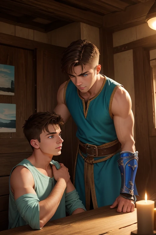 Photo-realistic. A pleased, 16-year-old, handsome, muscular Caucasian man with fade-cut, brown hair, and blue eyes, wearing shabby, sleeveless, leather armor, with metal shoulder guards, boasting, as he tells a dramatic story to a 15-year-old, lean, Caucasian peasant man, with short, brown hair, and blue eyes, in a blue and green tunic, listening in wonder, sitting next to each other on a simple bed, in a rustic inn room, at night.