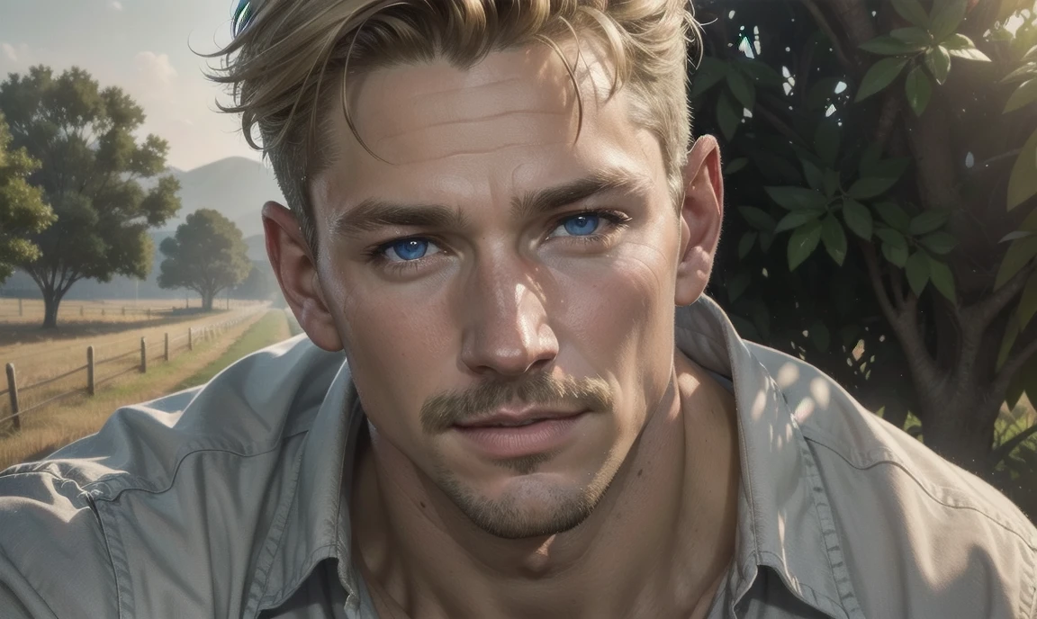 [((highly detailed, detailed eyes, detailed face, clear and realistic facial features, photorealistic, realistic light, cinematic)), (1 man), Mark is a handsome and alluring slender but muscular male farmer father aged 45 with short blond hair and a neat moustache and blue eyes and weathered skin wearing a flannelette shirt, (((Mark has a seductive smirking look on his face and a slight blush on his cheeks))), There is a charming yet dry southern farm in the background, ((calming comforting mood))]