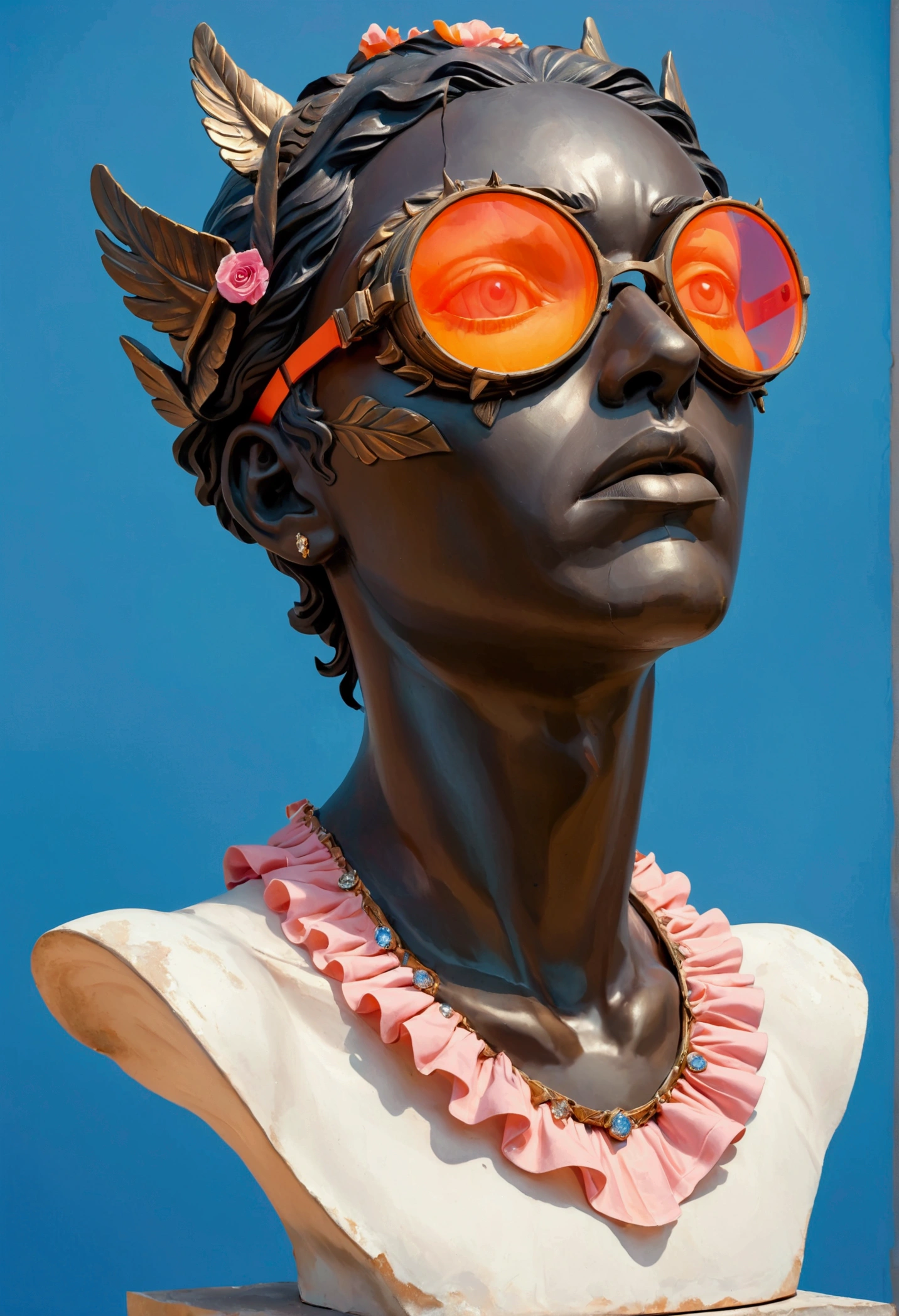 A black Greek mythological statue head with pink and orange goggles on, against blue background, with diamonds in the eyes, with an oversized ruffled collar that extends down to his neck