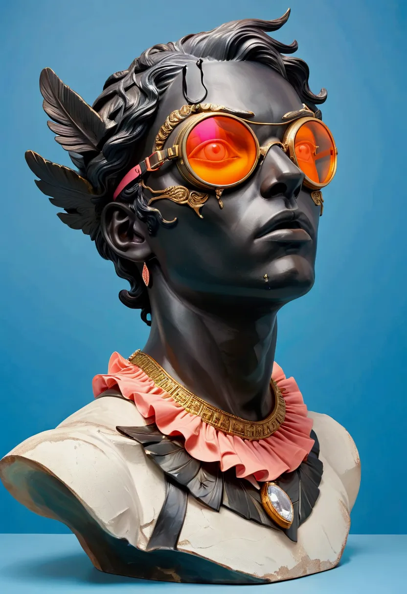 a black greek mythological statue head with pink and orange goggles on, against blue background, with diamonds in the eyes, with...