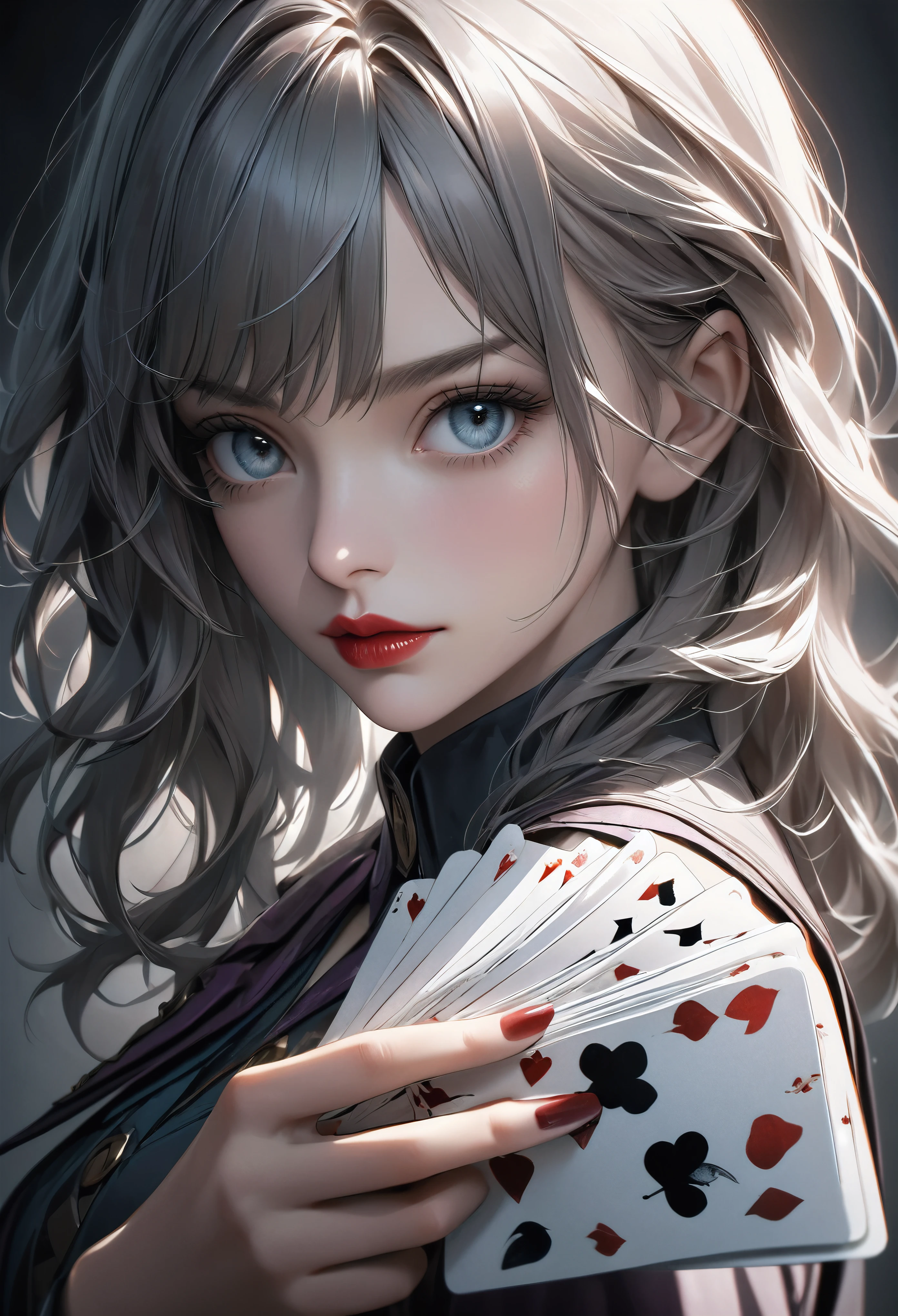 a beautiful young woman playing Lose with the Joker, with the viewer, the woman's cards are face back, she is about to draw a card from the viewer's hand, the woman is thoughtful and focused, high quality, photorealistic, beautiful detailed eyes, beautiful detailed lips, extremely detailed face, cinematic lighting, dramatic shadows, muted color palette