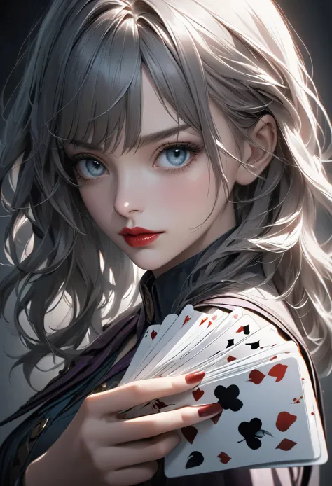 a beautiful young woman playing lose with the joker, with the viewer, the woman's cards are face back, she is about to draw a ca...