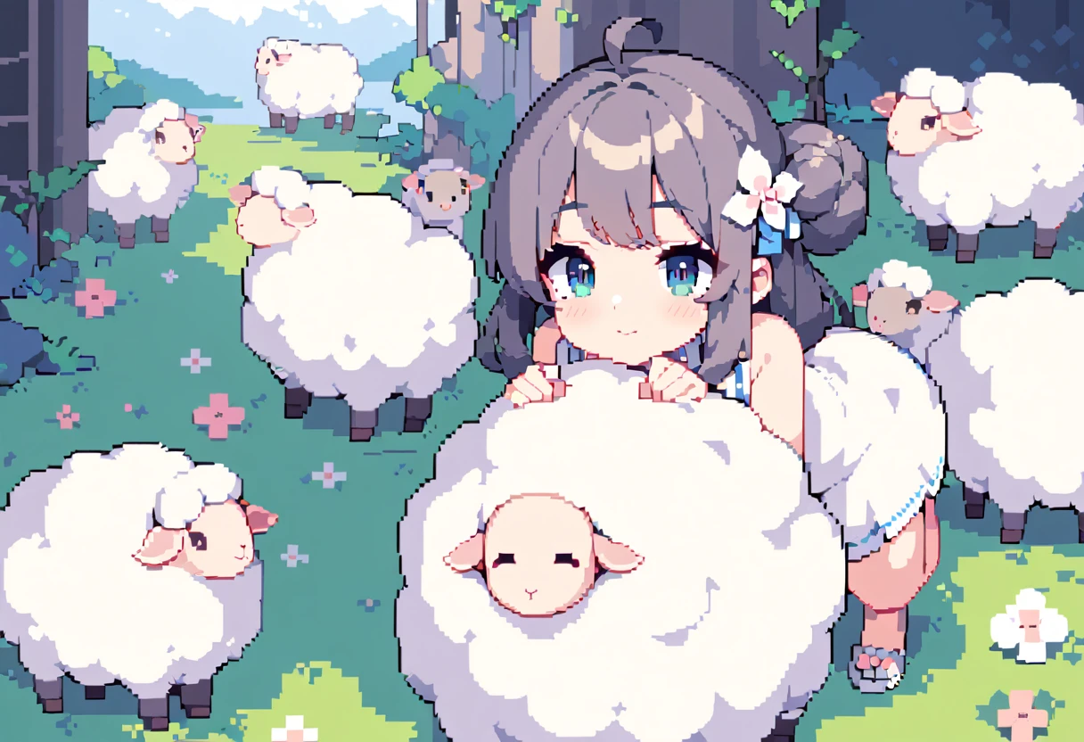 masterpiece, Highest quality, 8k, Pixel art, Vivid, young woman, Sheep, cute, (I&#39;m worried, Looking at the map, Rolling eyes, Open your mouth), Fluffy hair, Long Hair, Hair like sheep's hair, Pink Hair, Thick eyebrows, one piece, Pink clothes, Long skirt, cardigan, 水色のcardigan, shoes, 茶色いshoes, Fluffy Sheep, Metropolis, A row of skyscrapers