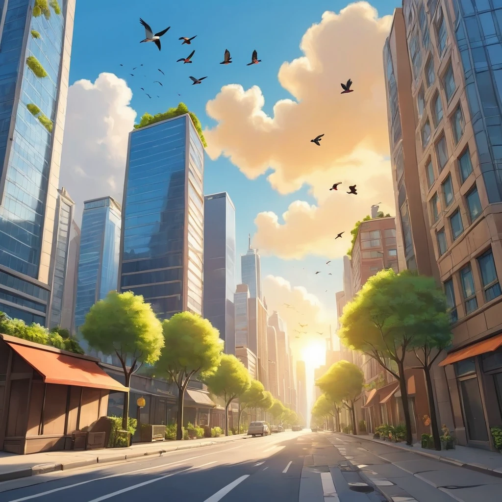 Cartoon of a street with a sunny sky with clouds and birds and skyscrapers